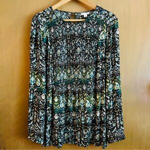 J Jill Black Cream Teal Abstract Paisley Smocked Relaxed Boho Top size M